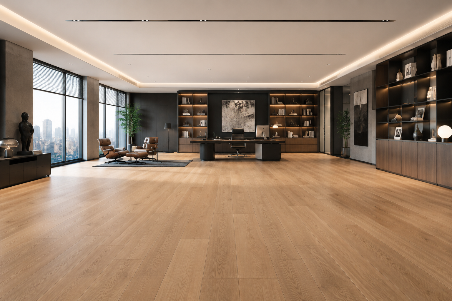 Instalación profesional de pavimento hardwood en un lobby comercial