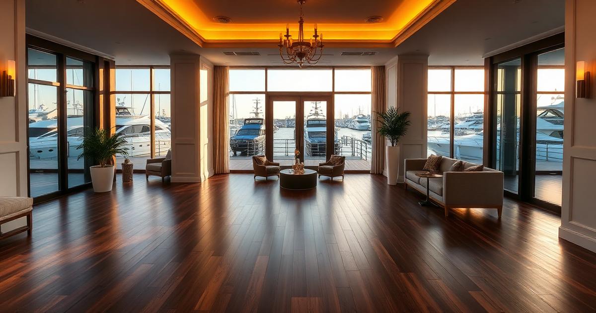 Commercial flooring contractors in Fort Lauderdale, FL — dark engineered wood in a marina-district hotel lobby