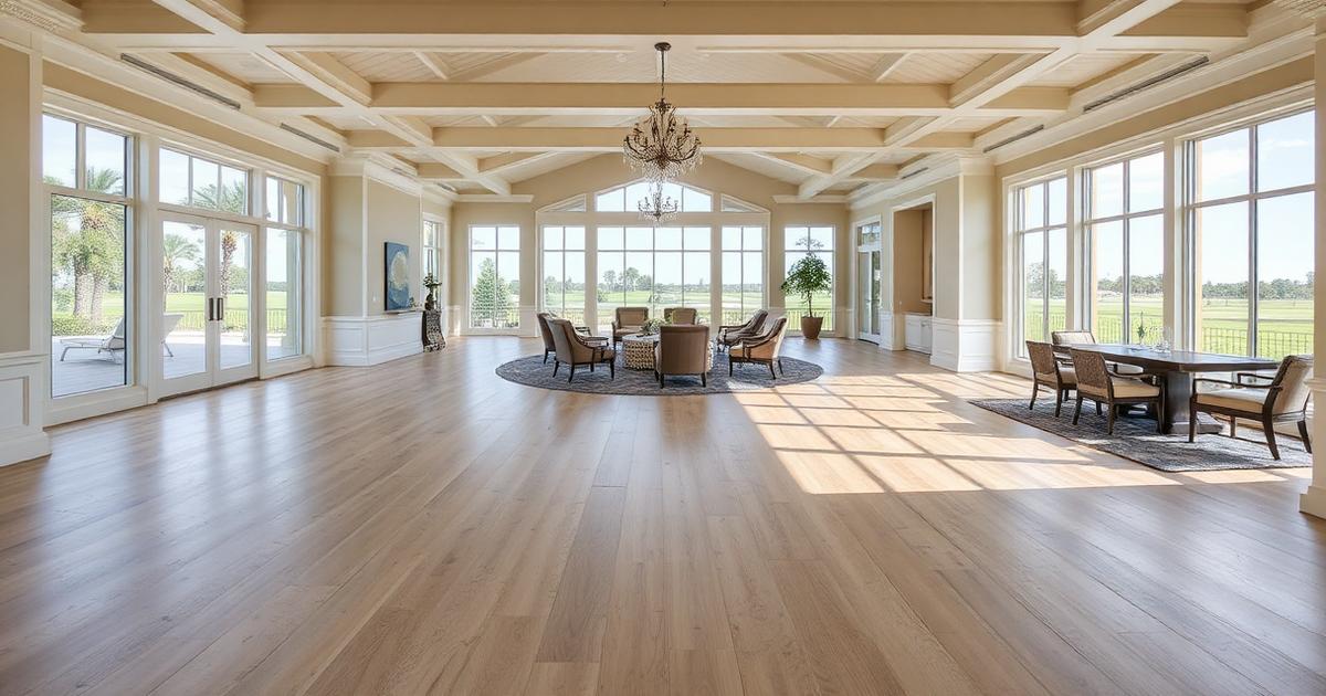 Flooring contractors in Naples, FL — wide-plank white oak flooring in a country club clubhouse