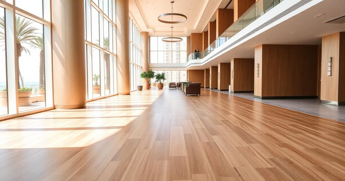 Commercial flooring installation in Orlando, FL — engineered wood floor in a hotel lobby